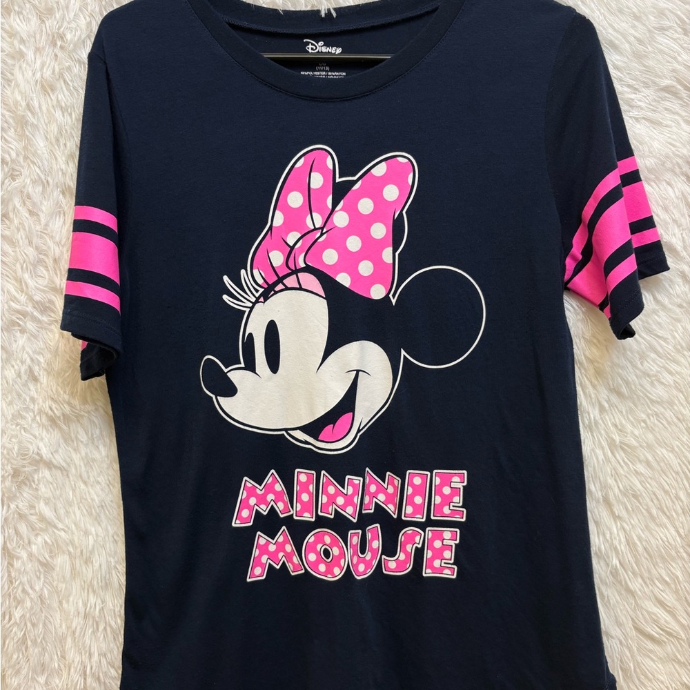 Disney Minnie Mouse Polka Dot Graphic Tee – Pink Blue/Black Sleeve Stripes | L